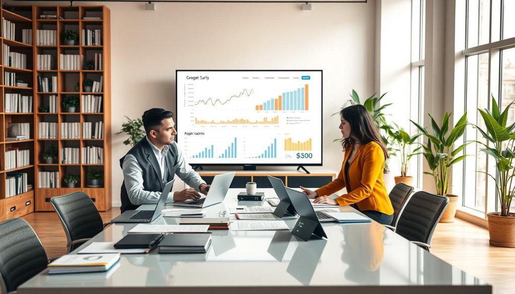 A professional office setting emphasizes the theme of administrative management and activity tracking in the context of financial security. In the foreground, a diverse group of professionals—two men and two women—engaged in a collaborative discussion around a large table covered with laptops, notebooks, and charts. They are dressed in smart business attire, reflecting a serious yet productive atmosphere. In the middle, a large digital screen displays graphs and financial activities, symbolizing management and accountability. The background features modern office elements like tall bookshelves filled with financial literature, indoor plants for a touch of greenery, and large windows allowing soft, natural light to fill the space. The overall mood is focused and organized, conveying a sense of professionalism and collaboration in financial management. A professional office setting emphasizes the theme of administrative management and activity tracking in the context of financial security. In the foreground, a diverse group of professionals—two men and two women—engaged in a collaborative discussion around a large table covered with laptops, notebooks, and charts. They are dressed in smart business attire, reflecting a serious yet productive atmosphere. In the middle, a large digital screen displays graphs and financial activities, symbolizing management and accountability. The background features modern office elements like tall bookshelves filled with financial literature, indoor plants for a touch of greenery, and large windows allowing soft, natural light to fill the space. The overall mood is focused and organized, conveying a sense of professionalism and collaboration in financial management.