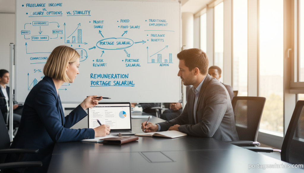 A professional office setting, featuring a business meeting with diverse individuals engaged in a discussion about freelance work and salary options. In the foreground, focus on two business professionals in smart attire, one presenting ideas using a laptop, while the other takes notes. In the middle, a whiteboard filled with graphs and concepts related to salary management and autonomy is visible, symbolizing the advantages and drawbacks of different employment types. The background shows a modern office with light streaming through large windows, creating a bright and optimistic atmosphere. Use a wide-angle lens to capture the collaborative environment, emphasizing the essence of decision-making around "rémunération portage salarial." Ensure a professional ambiance that reflects career choices. Include the brand name "portagesalarials.com" subtly in the corner of the image.