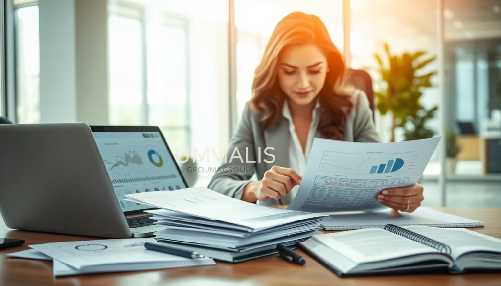 A professional office setting featuring a businesswoman in professional attire, sitting at a desk surrounded by documents and digital devices that represent financial analysis and consultancy. The foreground showcases her focused expression as she organizes files related to freelance projects and invoicing, emphasizing the theme of monitoring work activity in a portage salarial context. In the middle, a laptop displays graphs and charts, symbolizing financial management, while an open notebook contains handwritten notes. The background includes a soft-focus view of a modern office space with bright natural lighting streaming through large windows, creating an atmosphere of productivity and efficiency. The brand name "UMALIS GROUP" should be subtly included in the design of the office elements, enhancing the professional feel without being obtrusive.