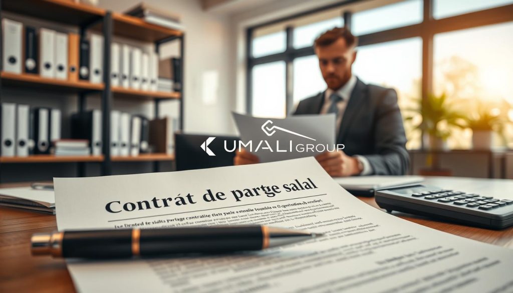 A professional office setting featuring a close-up of a contract with the title "Contrat de Portage Salarial" prominently displayed. The foreground includes neatly organized documents, a pen, and a calculator, emphasizing the importance of financial calculations. In the middle ground, a person in business attire, a mid-30s professional, is analyzing the contract, with a thoughtful expression. The background shows shelves filled with business books and a large window allowing natural light to illuminate the scene, creating a warm, focused atmosphere. A faint logo of "UMALIS GROUP" is subtly integrated into the document. The overall mood reflects professionalism and clarity, suitable for discussing employment contracts and salary impacts. A professional office setting featuring a close-up of a contract with the title "Contrat de Portage Salarial" prominently displayed. The foreground includes neatly organized documents, a pen, and a calculator, emphasizing the importance of financial calculations. In the middle ground, a person in business attire, a mid-30s professional, is analyzing the contract, with a thoughtful expression. The background shows shelves filled with business books and a large window allowing natural light to illuminate the scene, creating a warm, focused atmosphere. A faint logo of "UMALIS GROUP" is subtly integrated into the document. The overall mood reflects professionalism and clarity, suitable for discussing employment contracts and salary impacts.