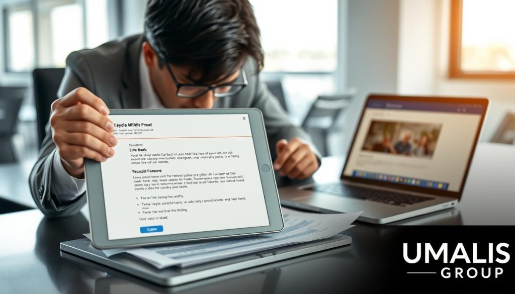 A professional office setting, featuring a concerned businessperson in professional attire, examining financial documents on a sleek desk. In the foreground, the individual holds a suspicious email on a tablet, showing indications of a fraudulent RIB update request. The middle ground includes a laptop displaying a bank's website subtly highlighting security features. The background is a softly lit office space with a modern feel, emphasizing trust and vigilance against fraud. The atmosphere is tense yet focused, hinting at the importance of caution. The UMALIS GROUP logo is discreetly included in the corner of the image. Soft, natural lighting enhances the serious mood, creating a sense of urgency and awareness.