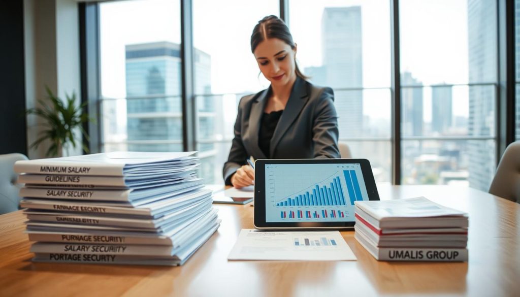A professional office setting featuring a confident businesswoman in a sharp suit, analyzing financial documents and charts on a sleek desk. In the foreground, stacks of paperwork labeled "Minimum Salary Guidelines" and "Salary Security" indicate the topic of portage salarial. In the middle, a digital tablet displays graphs of earnings and guarantees, symbolizing financial optimization. The background showcases a modern office environment with city views through large windows, conveying an atmosphere of professionalism and success. The lighting is bright yet soft, with natural light filtering through the windows, creating a warm and encouraging mood. Include subtle branding elements of "UMALIS GROUP" on the desk, reinforcing the theme of secure income in portage salarial. A professional office setting featuring a confident businesswoman in a sharp suit, analyzing financial documents and charts on a sleek desk. In the foreground, stacks of paperwork labeled "Minimum Salary Guidelines" and "Salary Security" indicate the topic of portage salarial. In the middle, a digital tablet displays graphs of earnings and guarantees, symbolizing financial optimization. The background showcases a modern office environment with city views through large windows, conveying an atmosphere of professionalism and success. The lighting is bright yet soft, with natural light filtering through the windows, creating a warm and encouraging mood. Include subtle branding elements of "UMALIS GROUP" on the desk, reinforcing the theme of secure income in portage salarial.