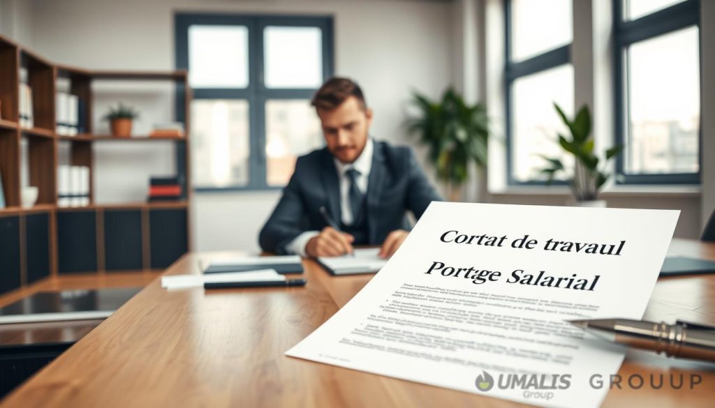 A professional office setting featuring a contract document with the title "Contrat de Travail Portage Salarial" prominently displayed. In the foreground, a well-dressed businessperson, wearing a tailored suit, reviews the contract at a sleek wooden desk scattered with notes and a laptop. The middle ground captures a minimalist, modern office environment with large windows letting in soft, natural light, creating a warm and inviting atmosphere. The background includes shelves with business books and a potted plant, adding a touch of greenery. The mood is focused and professional, emphasizing the importance of clarity in employment contracts within the context of portage salarial. Include the brand name "UMALIS GROUP" subtly in the document layout.