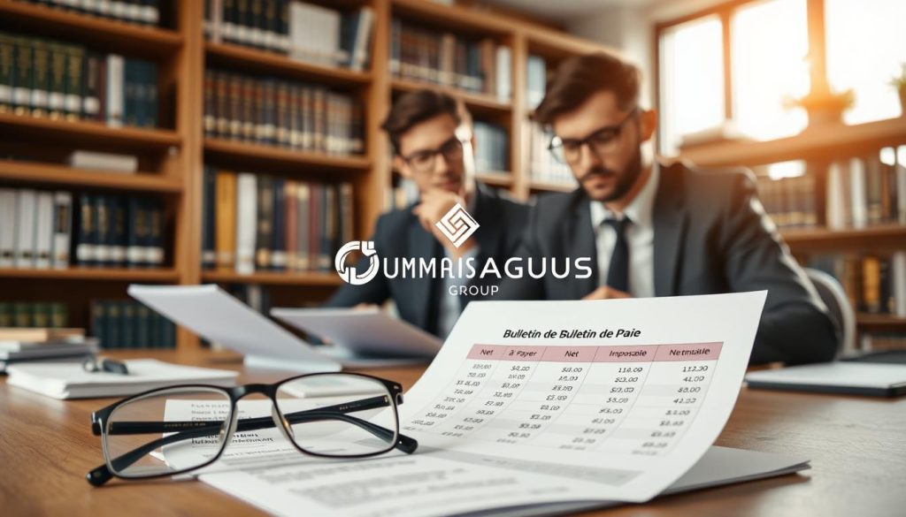 A professional office setting featuring a detailed payroll document titled "Bulletin de Paie" prominently displayed on a wooden desk. In the foreground, a pair of glasses rests beside the document, indicating a meticulous examination of the key amounts, such as 'Net à Payer' and 'Net Imposable.' In the middle ground, a business professional in a blazer, focused on the document, has a thoughtful expression, holding a pen ready to take notes. In the background, a serene library with bookshelves filled with financial and tax literature adds context. Soft, natural light filters in through a window, creating a warm yet professional atmosphere. The logo "UMALIS GROUP" subtly appears on the payroll document, emphasizing the context effectively without being intrusive.