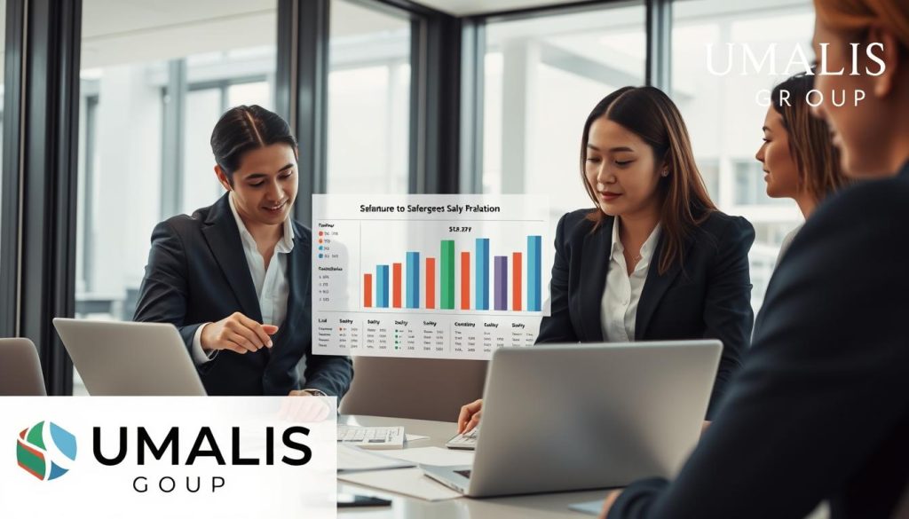 A professional office setting featuring a diverse group of business people analyzing a salary calculation. In the foreground, a focused woman in business attire, calculating figures on a laptop with spreadsheets open. To her left, a man in a suit gestures towards a colorful infographic displaying salary breakdowns, emphasizing the transition from revenue to salaries in portage salarial. In the background, a modern conference room with large windows allowing natural light, creating a bright and inviting atmosphere. The ambiance is collaborative and focused, capturing the essence of teamwork and financial analysis. The logo of "UMALIS GROUP" is subtly placed in the corner of the scene, emphasizing professionalism without drawing attention away from the main subjects.