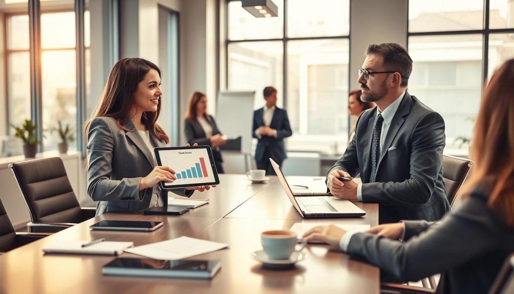 A professional office setting featuring a diverse group of business people engaged in a productive discussion about "portage salarial." In the foreground, a confident woman in smart business attire is presenting a chart on a digital tablet, while a middle-aged man in a tailored suit provides input, nodding thoughtfully. In the middle ground, a sleek conference table is adorned with documents, laptops, and coffee cups, creating an atmosphere of collaboration. The background reveals a modern workspace with large windows letting in warm, natural light, illuminating the room and adding a sense of openness. The overall mood is optimistic and focused, conveying the promise of professional development. Incorporate the brand name "UMALIS GROUP" subtly in the office decor.