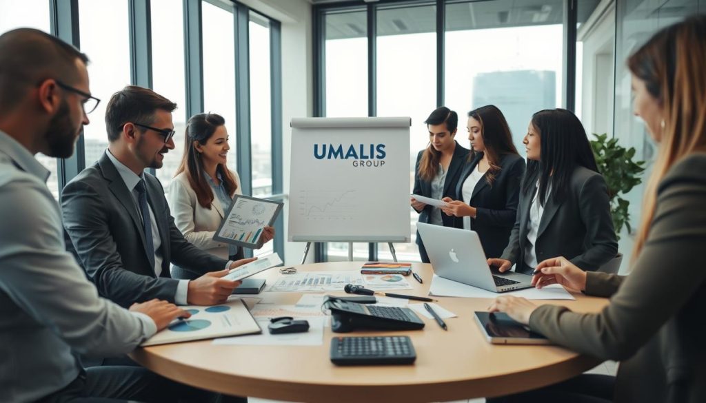 A professional office setting featuring a diverse group of business people engaged in a discussion about salary advances and financial planning related to "portage salarial". In the foreground, a well-dressed man and woman review documents, showcasing graphs and charts on digital tablets. In the middle, a round table filled with laptops, papers, and a calculator, suggesting an analytical atmosphere. The background includes a large window with natural light streaming in, revealing a cityscape. The mood is focused and collaborative, emphasizing professionalism and teamwork. The scene subtly includes the branding of "UMALIS GROUP" on a flip chart or presentation board. The image captures a moment of concentrated discussion, inspiring a sense of clarity and understanding in financial matters.