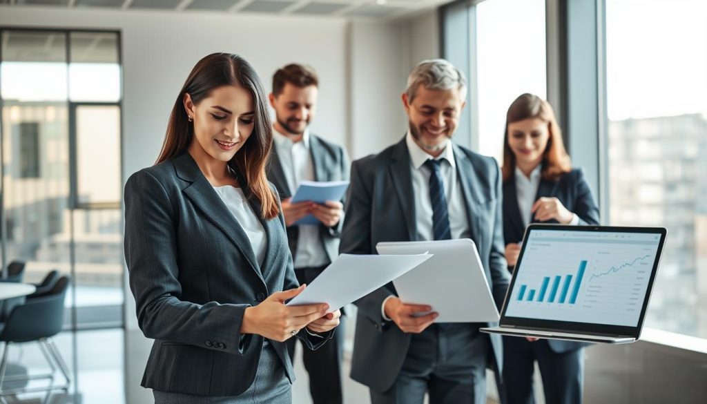 A professional office setting featuring a diverse group of business people engaged in a discussion about financial advantages, such as salaries and expenses. In the foreground, a confident woman in a tailored suit reviews documents in her hands, while a middle-aged man in smart attire points to a financial chart on a laptop screen. In the middle ground, a young professional is taking notes, showing active participation. The background reveals a sleek office with large windows allowing natural sunlight to illuminate the space, creating an optimistic atmosphere. The scene subtly incorporates the UMALIS GROUP logo in a visual element, perhaps on a document or digital display, maintaining focus on professionalism and collaboration. The overall mood is encouraging and forward-thinking, emphasizing security and flexibility in financial discussions.