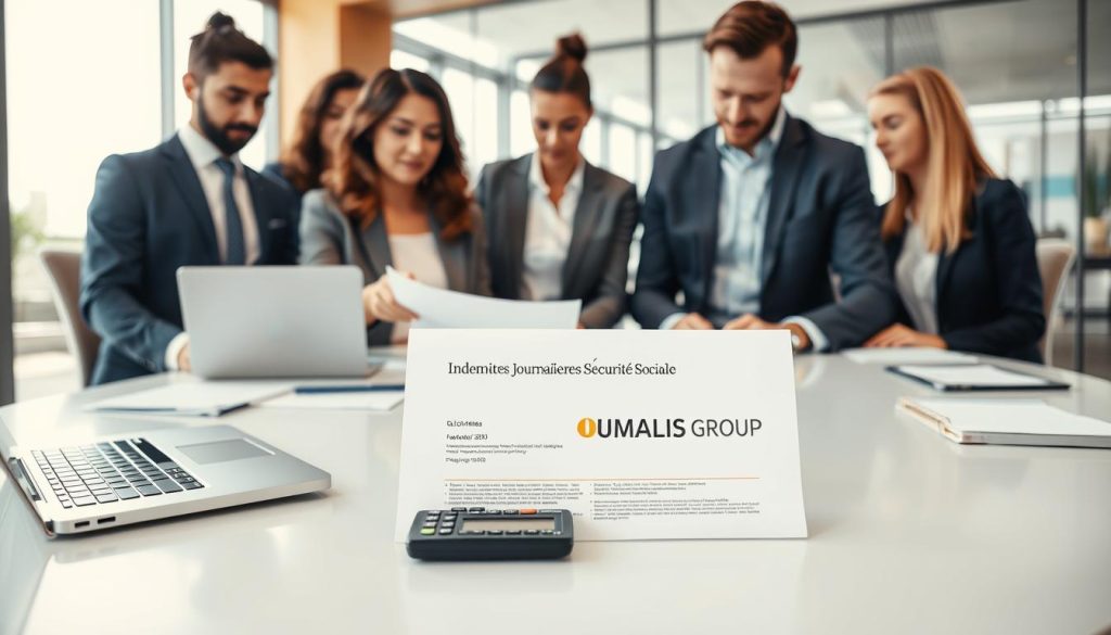 A professional office setting, featuring a diverse group of business people in formal attire discussing eligibility for daily allowances related to maternity leave. In the foreground, a woman and a man are examining a document titled "Indemnités Journalières Sécurité Sociale." The middle ground shows a sleek conference table with laptops, papers, and a calculator, symbolizing careful planning and professionalism. The background features a modern office with large windows, allowing natural light to illuminate the scene, creating a warm and inviting atmosphere. The overall mood conveys collaboration and clarity. Include the brand name "UMALIS GROUP" subtly on a document on the table, ensuring it blends naturally into the setting. A professional office setting, featuring a diverse group of business people in formal attire discussing eligibility for daily allowances related to maternity leave. In the foreground, a woman and a man are examining a document titled "Indemnités Journalières Sécurité Sociale." The middle ground shows a sleek conference table with laptops, papers, and a calculator, symbolizing careful planning and professionalism. The background features a modern office with large windows, allowing natural light to illuminate the scene, creating a warm and inviting atmosphere. The overall mood conveys collaboration and clarity. Include the brand name "UMALIS GROUP" subtly on a document on the table, ensuring it blends naturally into the setting.