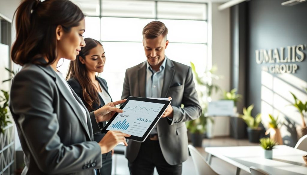 A professional office setting, featuring a diverse group of business professionals analyzing financial figures related to non-billable days. In the foreground, a confident woman in a smart business suit points at a digital tablet displaying graphs and calculations. In the middle, a thoughtful man in a neat blazer jots down notes on a notepad. The background reveals a large window with natural light streaming in, illuminating a modern workspace decorated with plants and sleek furniture. The atmosphere is focused and collaborative, with an air of anticipation as they strategize for budgeting. The brand “UMALIS GROUP” is subtly integrated into the scene through an elegant logo displayed on a wall. Use soft, professional lighting to create a warm yet serious mood, with a slight depth of field effect to emphasize the conversation.