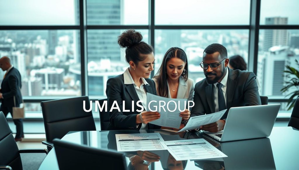 A professional office setting featuring a diverse group of business professionals engaging in a discussion about salary compensation. In the foreground, a Caucasian woman and a Black man are analyzing financial documents together, both dressed in smart business attire. The middle layer includes a modern conference table with laptops and charts depicting social contributions and minimum remuneration figures. The background shows a large window allowing natural light to flood the room, with a cityscape view of a bustling urban environment. The atmosphere is focused and collaborative, reflecting a serious exploration of business regulations. The brand name "UMALIS GROUP" is subtly integrated into the design of the conference table or on a document, emphasizing professionalism. A professional office setting featuring a diverse group of business professionals engaging in a discussion about salary compensation. In the foreground, a Caucasian woman and a Black man are analyzing financial documents together, both dressed in smart business attire. The middle layer includes a modern conference table with laptops and charts depicting social contributions and minimum remuneration figures. The background shows a large window allowing natural light to flood the room, with a cityscape view of a bustling urban environment. The atmosphere is focused and collaborative, reflecting a serious exploration of business regulations. The brand name "UMALIS GROUP" is subtly integrated into the design of the conference table or on a document, emphasizing professionalism.