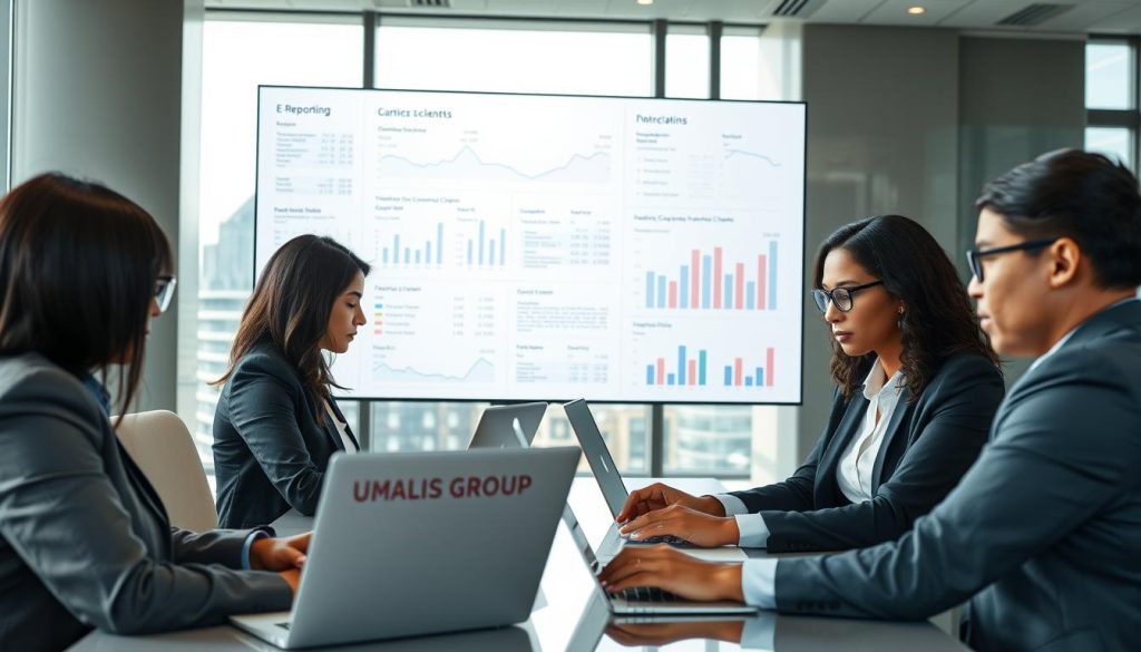 A professional office setting featuring a diverse group of businesspeople engaged in e-reporting for an international mission. In the foreground, two professionals—one Asian and one Black—work intently at laptops, dressed in smart business attire, analyzing electronic invoices and financial documents on a modern digital platform. In the middle ground, a large digital screen displays graphs and compliance rules related to foreign clients in a clear, informative style. The background showcases a sleek office with large windows, revealing a cityscape. Soft, natural lighting fills the room, enhancing the focus on collaboration and clarity. The atmosphere is dynamic and serious, reflecting the critical nature of electronic billing and international financial regulations. Include the brand name "UMALIS GROUP" subtly displayed on one of the laptops.