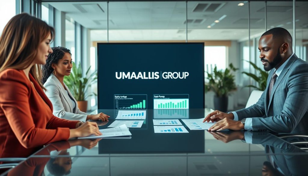 A professional office setting featuring a diverse group of businesspeople engaged in a discussion about salary portage solutions. In the foreground, a well-dressed Caucasian woman and a Black man are reviewing documents at a sleek conference table, their expressions focused and collaborative. In the middle, a large screen displays the brand name "UMALIS GROUP" alongside graphs and charts representing financial comparisons of different salary portage options. The background reveals a modern office with glass walls and plants, conveying innovation and professionalism. Soft, natural lighting enhances the environment, suggesting an inviting and productive atmosphere. The composition should reflect a sense of teamwork and strategic decision-making, with a balance of colors that evoke trust and confidence.