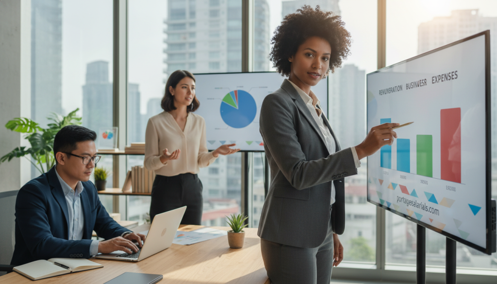A professional office setting featuring a diverse group of businesspeople engaged in a discussion about financial reports. In the foreground, a confident businesswoman in a tailored suit points to a large, colorful infographic showcasing key metrics: remuneration, business turnover, and expenses. In the middle, a man with glasses takes notes on a laptop while another colleague, dressed in a smart casual outfit, gestures towards a pie chart displayed on a screen. The background shows a modern office environment with large windows, allowing natural light to flood the space, creating a bright and inviting atmosphere. The overall mood is focused and collaborative, emphasizing teamwork in decision-making. Include subtle branding elements of "portagesalarials.com" in decor, ensuring they are discreet yet visible.