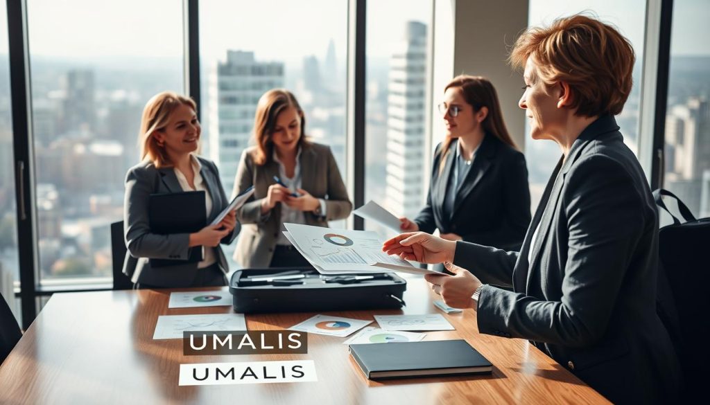 A professional office setting featuring a diverse group of consultants engaged in a discussion around a conference table. In the foreground, a middle-aged woman in business attire is presenting a case study, pointing to documents and graphs on the table. In the middle ground, two young professionals, one male and one female, are taking notes and nodding in agreement, dressed in smart business casual clothing. The background shows a large window overlooking a cityscape with soft natural light flooding the room, creating an optimistic and collaborative atmosphere. The image subtly incorporates elements related to "portage salarial," such as briefcases and laptops. The brand name "UMALIS GROUP" is integrated into a visible document on the table, emphasizing the subject matter of consulting.