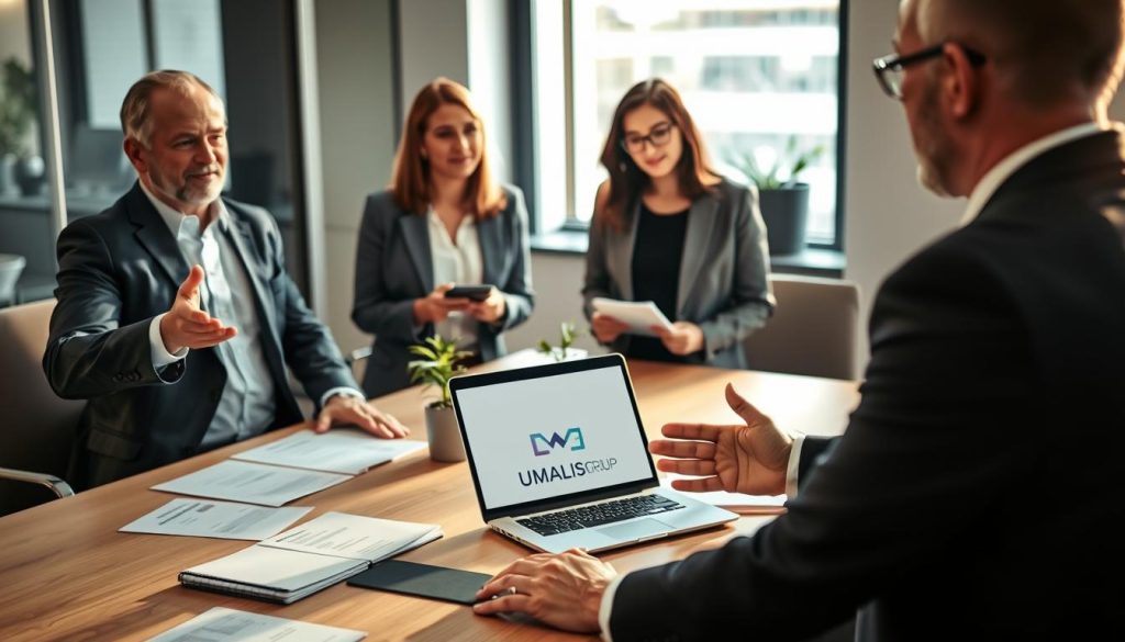A professional office setting featuring a diverse group of four business professionals engaged in a discussion about enhanced social protection through portage salarial. In the foreground, a middle-aged man in a suit gestures expressively, while a young woman in professional attire takes notes. In the middle, a laptop displaying the UMALIS GROUP logo is open on a conference table, surrounded by paperwork and a plant for a touch of greenery. The background shows a window with natural light pouring in, casting a warm glow over the scene. The atmosphere is collaborative and focused, highlighting themes of security and flexibility in a modern, professional environment. Use soft lighting and a shallow depth of field to maintain focus on the group while softly blurring the background. A professional office setting featuring a diverse group of four business professionals engaged in a discussion about enhanced social protection through portage salarial. In the foreground, a middle-aged man in a suit gestures expressively, while a young woman in professional attire takes notes. In the middle, a laptop displaying the UMALIS GROUP logo is open on a conference table, surrounded by paperwork and a plant for a touch of greenery. The background shows a window with natural light pouring in, casting a warm glow over the scene. The atmosphere is collaborative and focused, highlighting themes of security and flexibility in a modern, professional environment. Use soft lighting and a shallow depth of field to maintain focus on the group while softly blurring the background.