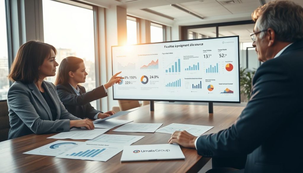 A professional office setting featuring a diverse group of four individuals engaged in discussion around a large table, symbolizing portfolio salary and taxation. In the foreground, a middle-aged woman in smart business attire analyzes documents related to fiscalité and prélèvement à la source, with charts and graphs spread out in front of her. In the middle ground, a young man gestures towards a digital screen displaying tax-related metrics and infographics, while an older man listens attentively, showcasing a collaborative atmosphere. The background reveals a modern office with large windows, sunlight streaming in, casting a warm glow on the scene. The atmosphere is focused and professional, capturing the essence of financial discussions. Include a subtle logo of "Umalis Group" on a document at the table, ensuring it complements the setting. A professional office setting featuring a diverse group of four individuals engaged in discussion around a large table, symbolizing portfolio salary and taxation. In the foreground, a middle-aged woman in smart business attire analyzes documents related to fiscalité and prélèvement à la source, with charts and graphs spread out in front of her. In the middle ground, a young man gestures towards a digital screen displaying tax-related metrics and infographics, while an older man listens attentively, showcasing a collaborative atmosphere. The background reveals a modern office with large windows, sunlight streaming in, casting a warm glow on the scene. The atmosphere is focused and professional, capturing the essence of financial discussions. Include a subtle logo of "Umalis Group" on a document at the table, ensuring it complements the setting.