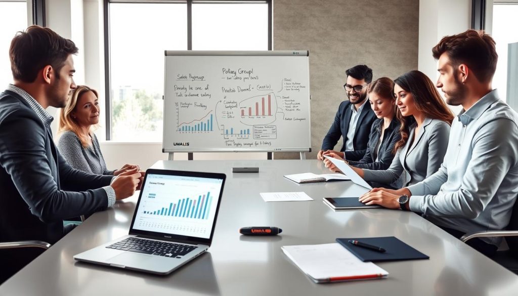 A professional office setting featuring a diverse group of freelancers gathered around a sleek conference table, engaging in a discussion about optimizing their income through portage salarial. In the foreground, two freelancers, one male and one female, are looking at a laptop screen displaying financial graphs and data—symbolizing their TJM (Taux Journalier Moyen) calculations. In the middle, a whiteboard is filled with notes and strategies related to salary optimization, while a large window in the background allows natural light to flood the room, creating a bright and encouraging atmosphere. The image should convey a sense of collaboration, professionalism, and ambition, with a subtle branding element of "UMALIS GROUP" incorporated into the decor, such as on a folder or pen. The mood is focused and optimistic, suitable for an article about job opportunities for freelancers.