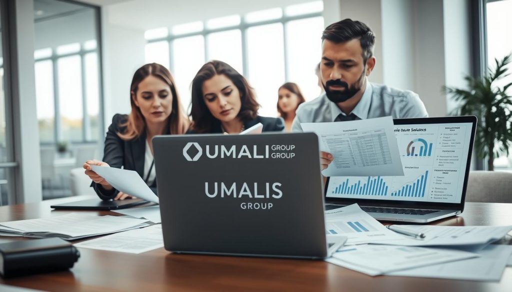 A professional office setting featuring a diverse group of individuals analyzing financial documents about "Prélèvement à la source salaire net". In the foreground, a focused businesswoman in professional attire points at a document on the table, while a man beside her, also dressed in smart attire, takes notes on a notepad. In the middle ground, a laptop displays graphs and figures illustrating tax deductions, surrounded by scattered papers. The background reveals a modern office with large windows, letting in soft, natural light, creating a productive atmosphere. The environment is clean and organized, emphasizing professionalism. The logo "UMALIS GROUP" is subtly incorporated into the design of the documents on the table. The mood is serious yet collaborative. A professional office setting featuring a diverse group of individuals analyzing financial documents about "Prélèvement à la source salaire net". In the foreground, a focused businesswoman in professional attire points at a document on the table, while a man beside her, also dressed in smart attire, takes notes on a notepad. In the middle ground, a laptop displays graphs and figures illustrating tax deductions, surrounded by scattered papers. The background reveals a modern office with large windows, letting in soft, natural light, creating a productive atmosphere. The environment is clean and organized, emphasizing professionalism. The logo "UMALIS GROUP" is subtly incorporated into the design of the documents on the table. The mood is serious yet collaborative.