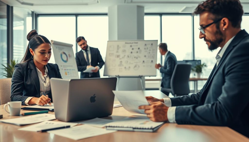A professional office setting featuring a diverse group of individuals collaborating on preparing their expertise profiles. In the foreground, a well-dressed woman types on a laptop, surrounded by notes and charts. Beside her, a man in a smart casual outfit reviews documents, showcasing a blend of analysis and creativity. In the middle ground, a whiteboard filled with diagrams and strategies highlights the focus on skill refinement. The background includes a sleek modern office with large windows allowing natural light to pour in, creating a bright and motivating atmosphere. The scene conveys a sense of professionalism, teamwork, and determination, emphasizing the importance of preparing one’s expertise for new opportunities. The lighting is soft yet bright, enhancing the productive mood of the workspace.