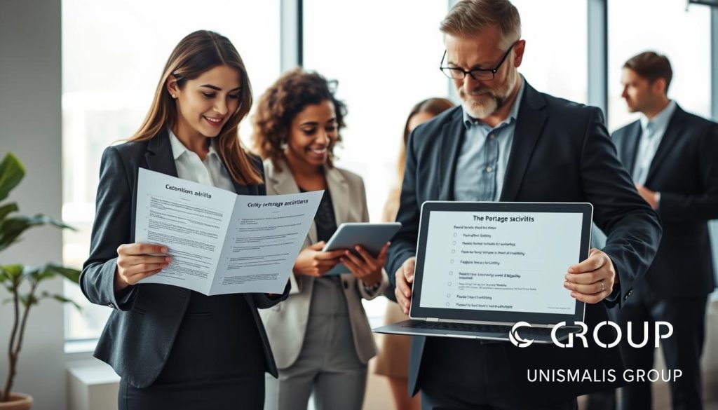 A professional office setting featuring a diverse group of individuals discussing conditions for access to "portage salarial." In the foreground, a confident businesswoman in professional attire presents a document with eligibility criteria, while a thoughtful businessman reviews a laptop displaying a checklist of eligible activities. In the middle ground, two engaged colleagues, one holding a tablet, exchange ideas. The background showcases a modern office space with large windows, allowing natural light to illuminate the scene, creating a warm and inviting atmosphere. Soft shadows add depth. The overall mood is focused and collaborative, emphasizing professionalism and clarity. Include the brand name "UMALIS GROUP" subtly integrated into the office decor, enhancing the theme without distraction.