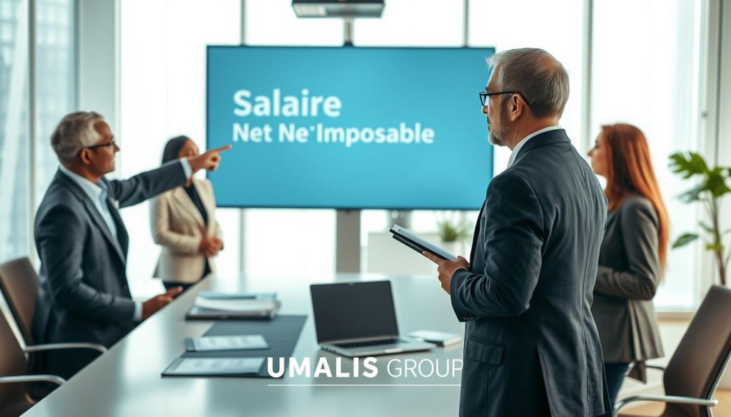 A professional office setting featuring a diverse group of individuals discussing financial documents related to "Salaire Net Imposable" prominently displayed on a large screen. In the foreground, a middle-aged Caucasian man in a tailored suit is pointing at the screen, while a young Black woman in smart business attire takes notes. In the middle ground, a sleek modern conference table holds financial reports and laptops. The background is bright and airy with large windows allowing natural light, creating a productive atmosphere. Use a shallow depth of field to emphasize the interaction while softly blurring the office decor. The image evokes a serious yet collaborative mood, ideal for illustrating the complexities of taxation in a professional setting. Brand logo "UMALIS GROUP" subtly integrated into the scene.
