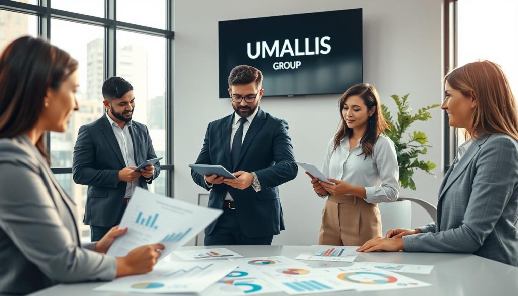 A professional office setting featuring a diverse group of individuals engaged in a collaborative discussion about billing optimization and client relations. In the foreground, a businesswoman in professional attire is analyzing documents at a desk, surrounded by charts and infographics representing the billing process. In the middle, a man in a suit is pointing at a digital tablet displaying graphs, while another colleague in smart casual clothing takes notes. The background showcases a modern office environment with large windows allowing natural light to brighten the space, enhancing a productive atmosphere. The mood is focused and professional, emphasizing teamwork and strategic planning. Include the branding of "UMALIS GROUP" subtly on a wall-mounted display. Use soft lighting to create a warm and inviting feel.