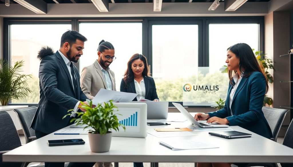 A professional office setting featuring a diverse group of individuals engaged in a discussion about administrative benefits in a salary portage context. In the foreground, two professionals of different ethnicities, dressed in smart business attire, review documents and laptops with focused expressions. In the middle, a large desk with paperwork, a laptop displaying graphs, and a plant for a touch of greenery. The background showcases a large window with natural light pouring in, casting a warm glow over the scene. The room is modern and stylish, reflecting a positive, collaborative atmosphere. Include subtle branding elements for "UMALIS GROUP" integrated into the workspace decor. Soft, diffused lighting enhances the professional mood while highlighting the themes of opportunity and effective management. A professional office setting featuring a diverse group of individuals engaged in a discussion about administrative benefits in a salary portage context. In the foreground, two professionals of different ethnicities, dressed in smart business attire, review documents and laptops with focused expressions. In the middle, a large desk with paperwork, a laptop displaying graphs, and a plant for a touch of greenery. The background showcases a large window with natural light pouring in, casting a warm glow over the scene. The room is modern and stylish, reflecting a positive, collaborative atmosphere. Include subtle branding elements for "UMALIS GROUP" integrated into the workspace decor. Soft, diffused lighting enhances the professional mood while highlighting the themes of opportunity and effective management.