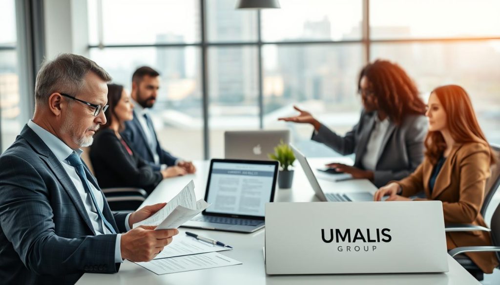 A professional office setting featuring a diverse group of individuals engaged in a discussion about "portage salarial" contract termination. In the foreground, a middle-aged Caucasian man in business attire is reviewing paperwork, showing a focused expression. Beside him, a young Black woman in smart casual clothing gestures towards a laptop displaying a digital contract, indicating a collaborative atmosphere. The middle section features a modern conference table surrounded by documents, laptops, and a small plant for a touch of life. At the back, large windows allow natural light to cascade across the room, creating a warm and inviting atmosphere with a soft focus on an urban skyline outside. The scene incorporates the brand name "UMALIS GROUP" subtly on a folder next to the group, enhancing the professional context.