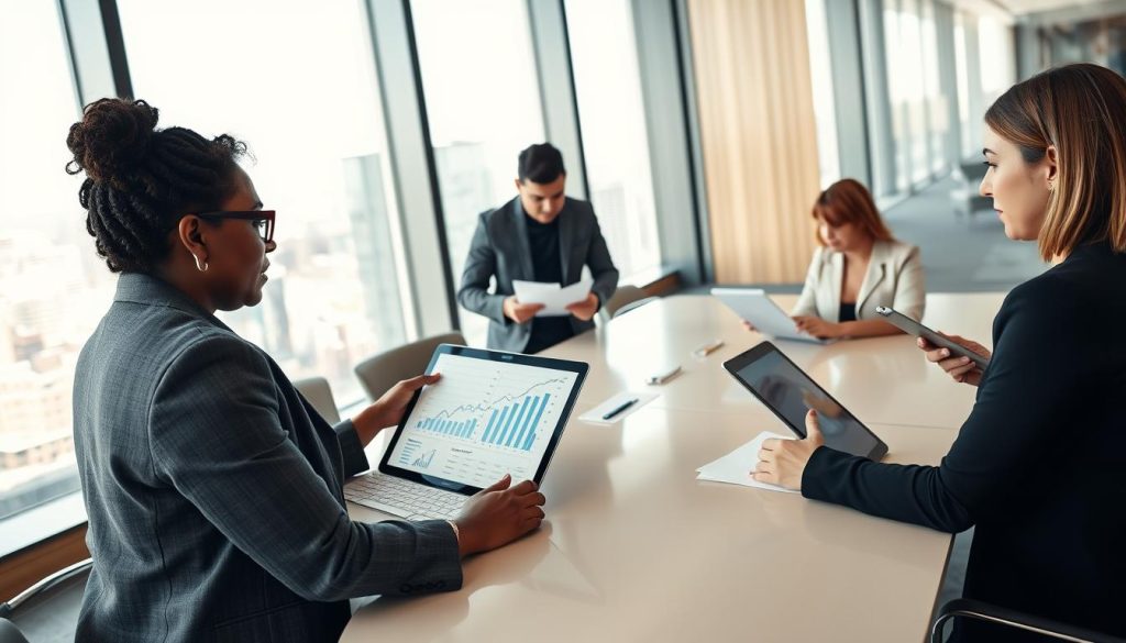 A professional office setting featuring a diverse group of individuals engaged in discussions around a large, sleek conference table. In the foreground, a middle-aged Black woman in a smart blazer is analyzing complex charts and graphs on a laptop, representing the calculation of daily rates (TJM) in a freelancing context. In the middle, a young Asian man is reviewing documents, while a Caucasian woman is taking notes on a digital tablet. The background showcases a large window with city skyline views, allowing natural light to illuminate the scene. The atmosphere is focused and collaborative, highlighting the theme of financial management in the context of portage salarial. Use soft, warm lighting to create a welcoming environment and a wide-angle perspective to capture the depth of the workspace.
