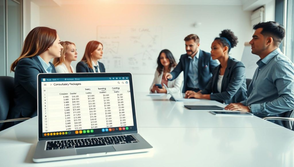 A professional office setting featuring a diverse group of individuals gathered around a large conference table, focused on calculating salary packages and financial figures. In the foreground, a laptop displays a spreadsheet with clear numbers and graphs related to consulting fees and salary calculations. The middle ground includes two business professionals, one pointing at the laptop screen and discussing details, dressed in smart business attire. In the background, a whiteboard features flowcharts and diagrams explaining salary structures. The lighting is bright and natural, flowing in through large windows, creating a collaborative and productive atmosphere. The scene conveys a sense of understanding and clarity regarding financial calculations, focusing on professionalism and teamwork.