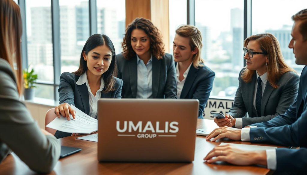 A professional office setting, featuring a diverse group of individuals in business attire engaged in a collaborative discussion about "contrat portage salarial." In the foreground, a woman of Asian descent points at a document on the table while a Caucasian man takes notes, showing active participation. In the middle ground, a modern laptop displays the logo of "UMALIS GROUP," symbolizing the consultancy aspect of portage salarial. The background showcases glass windows with a view of a bustling city, hinting at career opportunities. Soft, natural lighting illuminates the scene, creating a focused and professional atmosphere. The angle is slightly elevated, capturing the dynamic interaction and emphasizing teamwork and contractual obligations in a corporate environment. A professional office setting, featuring a diverse group of individuals in business attire engaged in a collaborative discussion about "contrat portage salarial." In the foreground, a woman of Asian descent points at a document on the table while a Caucasian man takes notes, showing active participation. In the middle ground, a modern laptop displays the logo of "UMALIS GROUP," symbolizing the consultancy aspect of portage salarial. The background showcases glass windows with a view of a bustling city, hinting at career opportunities. Soft, natural lighting illuminates the scene, creating a focused and professional atmosphere. The angle is slightly elevated, capturing the dynamic interaction and emphasizing teamwork and contractual obligations in a corporate environment.