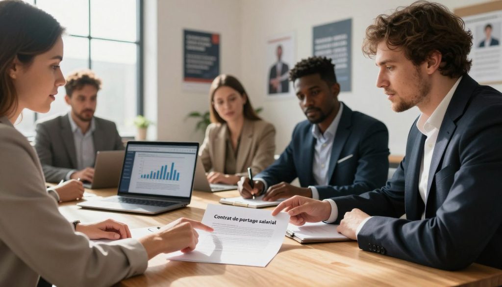 A professional office setting featuring a diverse group of individuals in business attire, engaged in a discussion about "contrat de portage salarial." In the foreground, a woman points at a contract on a wooden table, while a man beside her takes notes. In the middle, a laptop displays a digital presentation of financial graphs. The background features large windows with natural light streaming in, casting soft shadows across the room, and motivational posters on the walls. The atmosphere is focused and collaborative, conveying a sense of professionalism and trust. Use a warm color palette and a slight depth of field to draw attention to the contract as the central element, enhancing the importance of this decision-making process. A professional office setting featuring a diverse group of individuals in business attire, engaged in a discussion about "contrat de portage salarial." In the foreground, a woman points at a contract on a wooden table, while a man beside her takes notes. In the middle, a laptop displays a digital presentation of financial graphs. The background features large windows with natural light streaming in, casting soft shadows across the room, and motivational posters on the walls. The atmosphere is focused and collaborative, conveying a sense of professionalism and trust. Use a warm color palette and a slight depth of field to draw attention to the contract as the central element, enhancing the importance of this decision-making process.