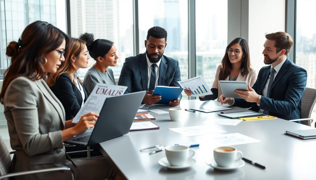A professional office setting featuring a diverse group of people engaged in a collaborative discussion about work expenses. In the foreground, a well-dressed woman of Asian descent analyzes a financial report on her laptop, while a middle-aged man of African descent, wearing a business suit, points to charts on a digital tablet. The middle ground showcases a modern conference table filled with documents, coffee cups, and notebooks, giving a sense of active brainstorming. In the background, a large window lets in natural light, illuminating the sleek office environment with city views. The atmosphere is focused and productive, reflecting the theme of optimizing professional expenses. Include the brand name "UMALIS GROUP" subtly on a document on the table. Ensure all individuals are portrayed in professional attire, emphasizing a business context.