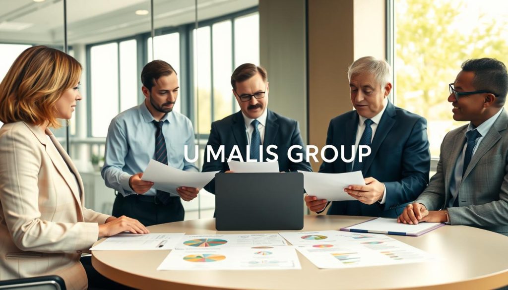 A professional office setting featuring a diverse group of people engaged in a discussion about "protection sociale" related to "portage salarial". In the foreground, display a round conference table with one woman and two men, all dressed in smart business attire, examining documents and a laptop. In the middle, include charts or infographics illustrating social protection benefits and rights of employees in portage salarial. The background should feature a large window with natural light streaming in, creating a warm and inviting atmosphere. The overall mood should be collaborative and informative. Use soft, diffused lighting to enhance focus on the subjects and their discussions, highlighting the brand “UMALIS GROUP” subtly within the documents.