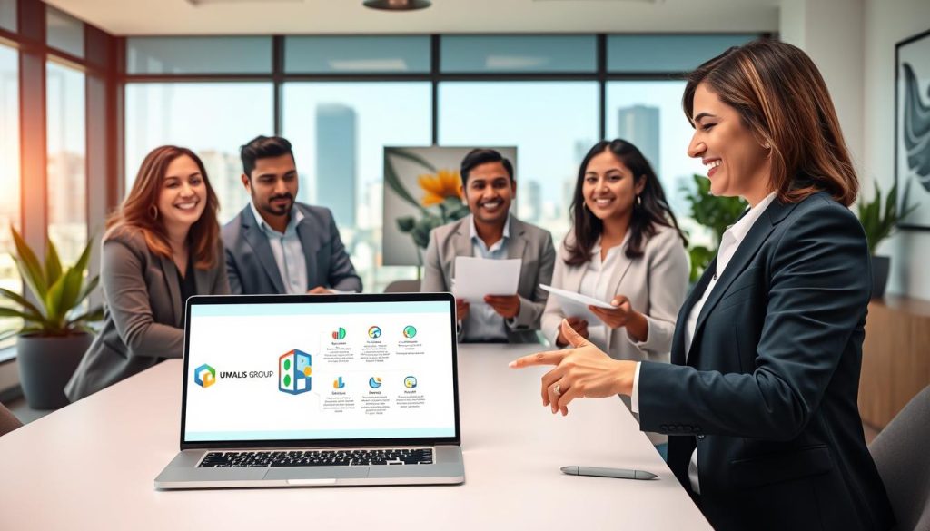 A professional office setting featuring a diverse group of smiling individuals engaged in a discussion around a modern conference table. In the foreground, a middle-aged woman in a smart business suit points to a laptop screen displaying graphics of salary optimization strategies. In the middle, a young man takes notes, while another person, a woman of South Asian descent, presents with enthusiasm. The background shows a sleek cityscape through large windows, with natural light streaming in, creating a warm and inviting atmosphere. The room is tastefully decorated with plants and contemporary artwork. Overall, the mood is collaborative and focused, symbolizing the professional growth that comes with optimizing one’s remuneration in the context of portage salarial. Include the logo of Umalis Group subtly displayed on the laptop screen. A professional office setting featuring a diverse group of smiling individuals engaged in a discussion around a modern conference table. In the foreground, a middle-aged woman in a smart business suit points to a laptop screen displaying graphics of salary optimization strategies. In the middle, a young man takes notes, while another person, a woman of South Asian descent, presents with enthusiasm. The background shows a sleek cityscape through large windows, with natural light streaming in, creating a warm and inviting atmosphere. The room is tastefully decorated with plants and contemporary artwork. Overall, the mood is collaborative and focused, symbolizing the professional growth that comes with optimizing one’s remuneration in the context of portage salarial. Include the logo of Umalis Group subtly displayed on the laptop screen.