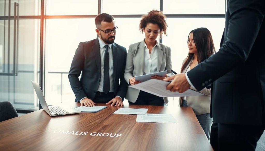 A professional office setting featuring a diverse group of three business professionals engaged in a discussion about "portage salarial" and contractual modalities. In the foreground, a well-dressed man in a dark suit points at a document on a conference table, while a woman in smart casual attire takes notes. The middle ground showcases an elegant wooden table with a laptop and legal papers, subtly marked with the brand name “UMALIS GROUP”. The background reveals a contemporary office environment with large windows allowing soft, natural light to flood in, creating a warm and inviting atmosphere. The mood is collaborative and focused, emphasizing teamwork and professionalism, captured in a slightly elevated angle to highlight the discussion and the documents being reviewed.