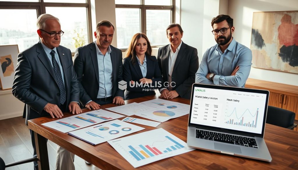 A professional office setting featuring a diverse group of three individuals: a middle-aged male consultant in a sharp suit, a young female trainer in professional attire, and a serious-looking management professional in business casual wear. They are gathered around a sleek wooden table covered with charts, graphs, and a laptop displaying a simulated net salary calculation. In the background, large windows let in natural light, casting a warm glow over the scene, creating an atmosphere of collaboration and professionalism. The walls are adorned with abstract art, enhancing the modern workplace vibe. The brand "UMALIS GROUP" is subtly integrated into the design of the charts or laptop screen, emphasizing a focus on salary simulation tools. The image should evoke clarity and confidence in financial decision-making.