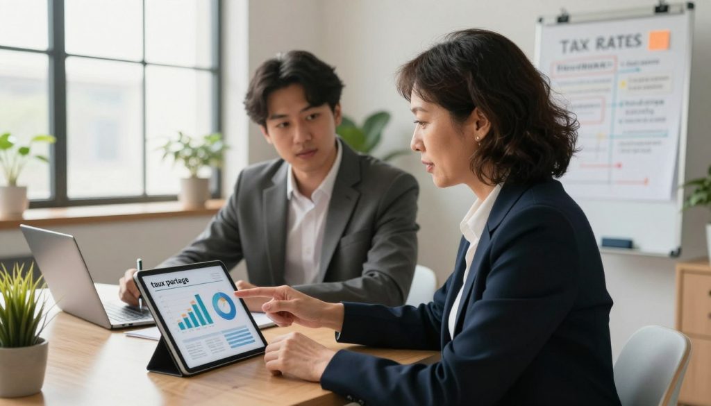 A professional office setting featuring a diverse group of three individuals engaged in a discussion about financial planning and tax rates. In the foreground, a middle-aged woman in smart business attire is pointing to a digital tablet displaying graphs and charts related to "taux portage." Next to her, a young man in a tailored suit listens intently, taking notes. In the background, a large window lets in warm natural light, creating an inviting atmosphere. The room is tastefully decorated with minimalist furniture, plants, and a whiteboard filled with strategies for individualized tax choices. The mood is collaborative and focused, emphasizing the importance of understanding personalized tax rates for independent workers. Use a slightly angled perspective to enhance depth.