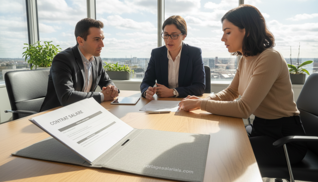 A professional office setting featuring a diverse group of three individuals reviewing a “contrat salaire” document on a modern wooden table. In the foreground, focus on a well-organized contract folder opened to a page titled "Contrat Salaire". The middle ground includes the three professionals: a woman wearing a smart blazer, a man in a tailored suit, and another individual in smart casual attire, all engaged in discussion. In the background, a bright, well-lit office space with large windows showing a cityscape, contributing to an atmosphere of professionalism and collaboration. Soft natural light filters through, enhancing the clarity and details of the contracts. The brand name "portagesalarials.com" is subtly integrated into the design of the folder.