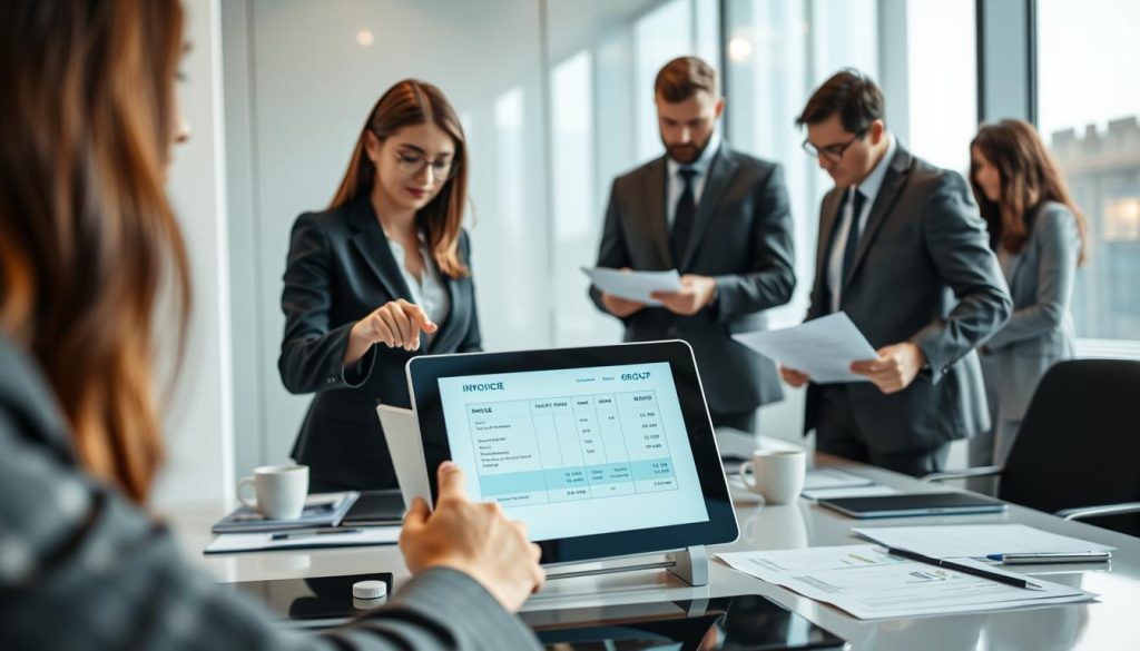 A professional office setting featuring a diverse team of individuals engaged in a discussion about electronic invoicing for a portage salarial mission. In the foreground, a woman in a smart business suit is pointing at a digital tablet displaying an electronic invoice interface, while a man in a tailored suit examines a document. The middle ground includes a sleek desk with laptops, coffee mugs, and documents scattered about, suggesting an atmosphere of collaboration and focus. The background showcases a large window with soft natural light streaming in, illuminating the workspace. The overall mood is professional and dynamic, representing the modern business landscape, with the brand name "UMALIS GROUP" subtly integrated into the design of the tablet screen. A professional office setting featuring a diverse team of individuals engaged in a discussion about electronic invoicing for a portage salarial mission. In the foreground, a woman in a smart business suit is pointing at a digital tablet displaying an electronic invoice interface, while a man in a tailored suit examines a document. The middle ground includes a sleek desk with laptops, coffee mugs, and documents scattered about, suggesting an atmosphere of collaboration and focus. The background showcases a large window with soft natural light streaming in, illuminating the workspace. The overall mood is professional and dynamic, representing the modern business landscape, with the brand name "UMALIS GROUP" subtly integrated into the design of the tablet screen.