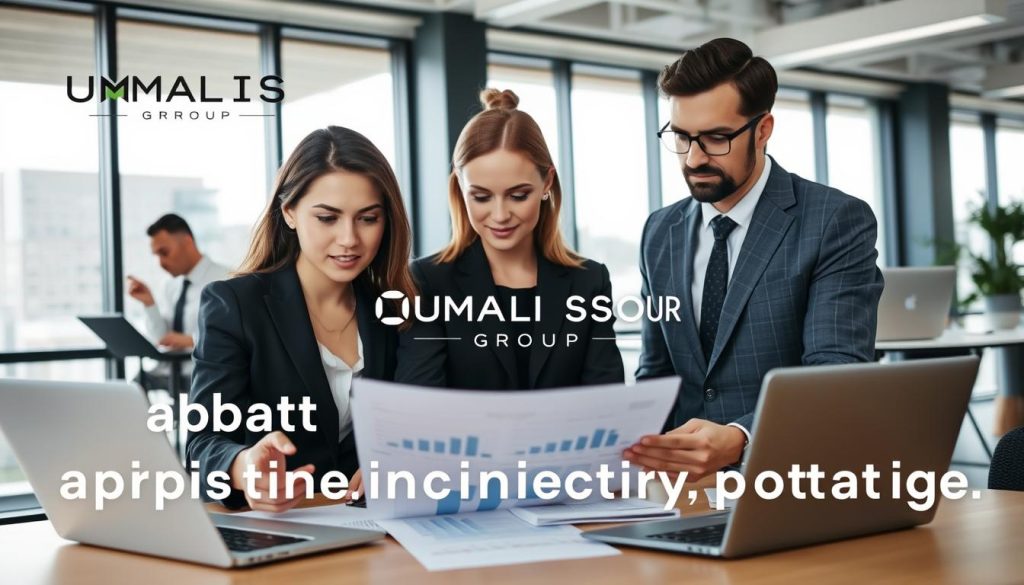 A professional office setting featuring a diverse team of three business people engaged in discussion over documents and laptops, symbolizing "administrative follow-up in salary portage". In the foreground, a focused woman in smart business attire is reviewing financial reports, while behind her, a man gestures towards a digital tablet displaying graphs. To the side, a colleague types on a laptop, highlighting efficiency and collaboration. The background includes a modern office with large windows, allowing natural light to illuminate the space. The overall atmosphere is one of productivity and professionalism. The branding of "UMALIS GROUP" is subtly integrated within the office decor, reinforcing the theme of adapting invoicing practices. The image captures the essence of teamwork and financial management in a contemporary work environment. A professional office setting featuring a diverse team of three business people engaged in discussion over documents and laptops, symbolizing "administrative follow-up in salary portage". In the foreground, a focused woman in smart business attire is reviewing financial reports, while behind her, a man gestures towards a digital tablet displaying graphs. To the side, a colleague types on a laptop, highlighting efficiency and collaboration. The background includes a modern office with large windows, allowing natural light to illuminate the space. The overall atmosphere is one of productivity and professionalism. The branding of "UMALIS GROUP" is subtly integrated within the office decor, reinforcing the theme of adapting invoicing practices. The image captures the essence of teamwork and financial management in a contemporary work environment.