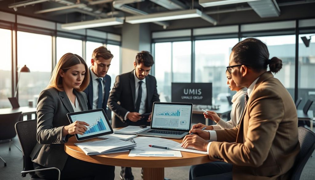 A professional office setting featuring a group of diverse, business-attired individuals engaged in a discussion about the challenges and limitations of "portage salarial." In the foreground, a serious-looking woman points to a chart on a digital tablet, while a thoughtful man takes notes in a notebook. In the middle, a round table is cluttered with documents and a laptop displaying graphs and statistics. The background shows a modern office with large windows, casting soft, natural light across the scene, creating an atmosphere of collaboration and concern. The mood is focused and slightly tense, reflecting the importance of understanding the sector's risks. Include subtle branding of "UMALIS GROUP" in the office decor, enhancing the professional tone. A professional office setting featuring a group of diverse, business-attired individuals engaged in a discussion about the challenges and limitations of "portage salarial." In the foreground, a serious-looking woman points to a chart on a digital tablet, while a thoughtful man takes notes in a notebook. In the middle, a round table is cluttered with documents and a laptop displaying graphs and statistics. The background shows a modern office with large windows, casting soft, natural light across the scene, creating an atmosphere of collaboration and concern. The mood is focused and slightly tense, reflecting the importance of understanding the sector's risks. Include subtle branding of "UMALIS GROUP" in the office decor, enhancing the professional tone.