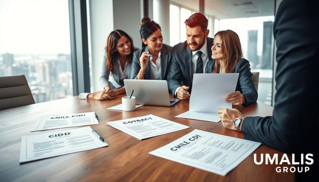A professional office setting featuring a large wooden conference table with documents spread out showcasing employment contracts labeled "CDD" and "CDI". In the foreground, a diverse group of three business professionals, two men and one woman, dressed in formal business attire, are engaged in a serious discussion about the contracts. The woman, holding a pen, looks thoughtfully at one of the documents. In the middle ground, a modern laptop and a coffee cup are placed on the table, contributing to a focused atmosphere. In the background, a sleek corporate office window reveals a city skyline under soft, natural daylight. The mood conveys professionalism and collaboration, emphasizing the importance of understanding different employment contract types. Include the brand name "UMALIS GROUP" subtly integrated into the environment. A professional office setting featuring a large wooden conference table with documents spread out showcasing employment contracts labeled "CDD" and "CDI". In the foreground, a diverse group of three business professionals, two men and one woman, dressed in formal business attire, are engaged in a serious discussion about the contracts. The woman, holding a pen, looks thoughtfully at one of the documents. In the middle ground, a modern laptop and a coffee cup are placed on the table, contributing to a focused atmosphere. In the background, a sleek corporate office window reveals a city skyline under soft, natural daylight. The mood conveys professionalism and collaboration, emphasizing the importance of understanding different employment contract types. Include the brand name "UMALIS GROUP" subtly integrated into the environment.