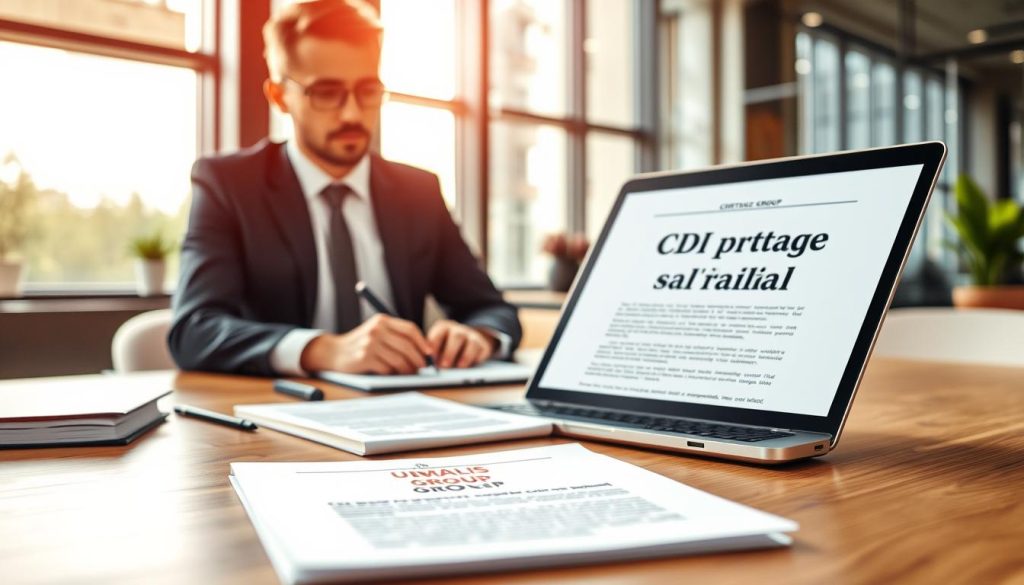 A professional office setting featuring a meticulously arranged desk with a laptop displaying a digital document related to CDI portage salarial. In the foreground, a business professional in smart attire is studying the contract attentively, with focus and determination visible on their face. In the middle, there's a soft focus on a few legal books and documents about contractual obligations laid out neatly. The background showcases a modern office with large windows, allowing natural light to illuminate the scene, creating a bright and optimistic atmosphere. The colors are warm and inviting, emphasizing the seriousness yet hopeful nature of the topic. A subtle logo of "UMALIS GROUP" is visible on a document in the frame, suggesting a reputable portage salarial company.