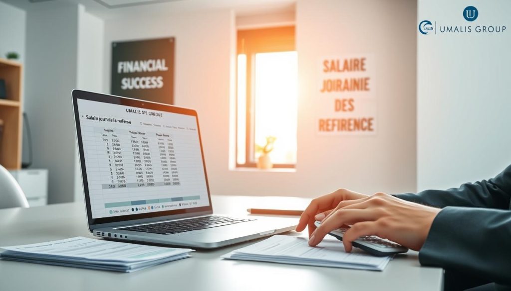 A professional office setting, featuring a modern desk with a laptop displaying a spreadsheet calculation. In the foreground, a pair of hands in business attire are working on the laptop, calculating the "salaire journalier de référence." Papers and a calculator are neatly arranged beside the laptop, ensuring a clear focus on the financial process. In the middle ground, a bright window allows natural light to illuminate the workspace, creating a warm and productive atmosphere. In the background, a motivational poster about financial success hangs on the wall. The image incorporates soft, diffused lighting to enhance professionalism. The brand name "UMALIS GROUP" is subtly represented on the laptop screen. The overall mood conveys diligence and clarity in financial matters.