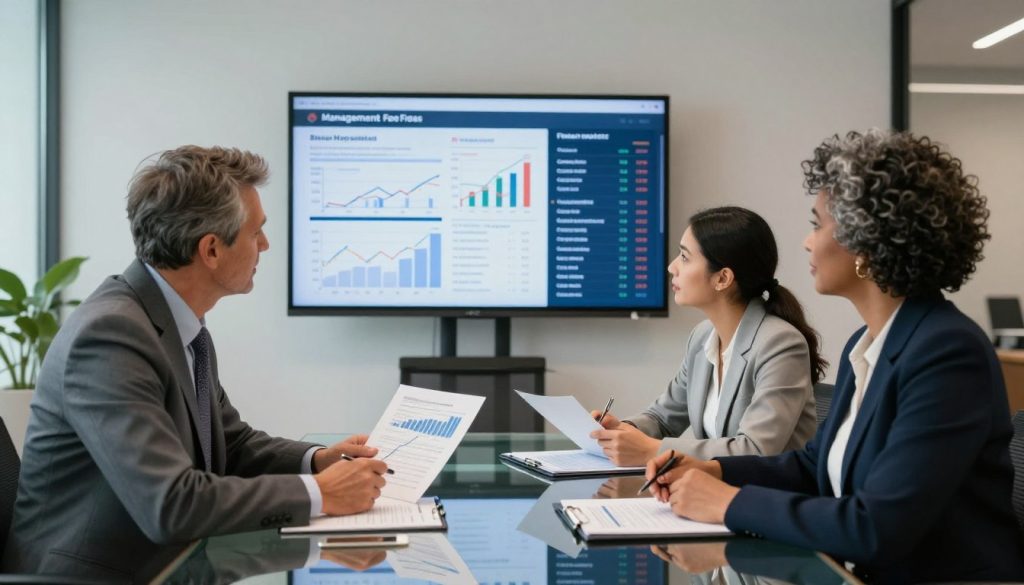 A professional office setting featuring a sleek meeting room. In the foreground, a diverse group of three professionals – a middle-aged Caucasian man, a young Hispanic woman, and an older Black woman – are discussing financial charts and documents on a glass conference table, all dressed in sharp business attire. The middle ground showcases a digital screen displaying financial data related to management fees and billing models in an engaging layout. The background features minimalist corporate decor with soft lighting illuminating the space, creating a calm and focused atmosphere. The angle is slightly elevated to capture the dynamic interaction among the individuals while emphasizing the financial themes. The overall mood conveys professionalism and clarity.