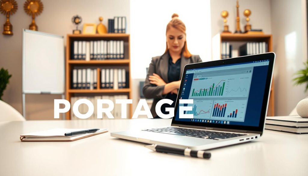 A professional office setting featuring a well-organized workspace highlighting the concept of "compte activité portage salarial." In the foreground, a modern desk with a laptop open on a financial dashboard, showcasing graphs and data related to activity accounts. Beside it, a notepad and pen, symbolizing planning and management. In the middle ground, a confident businesswoman in professional attire, focused on her work, analyzing the data on the laptop. The background should include shelves filled with business books and awards, conveying success and professionalism. The lighting is bright and inviting, emphasizing productivity, captured from a slightly elevated angle to create depth. The overall mood is one of determination and clarity, with the brand name "PORTAGE AI" subtly integrated into the workspace decor.