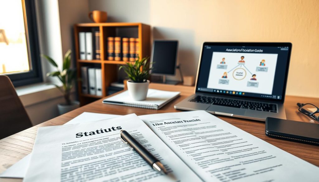 A professional office setting featuring a wooden desk with open legal documents titled "Statuts" in the foreground. Vivid detail shows various papers and folders, with a sleek, modern pen poised beside them. In the middle ground, a potted plant adds a touch of greenery, and a laptop displays an interactive graph illustrating association structures. The background includes a wall with a small bookshelf filled with law books and association guides, softly illuminated by warm, natural sunlight coming through a nearby window. The atmosphere is one of professionalism and focus, suggesting an active workspace for legal drafting and organizational planning. A professional office setting featuring a wooden desk with open legal documents titled "Statuts" in the foreground. Vivid detail shows various papers and folders, with a sleek, modern pen poised beside them. In the middle ground, a potted plant adds a touch of greenery, and a laptop displays an interactive graph illustrating association structures. The background includes a wall with a small bookshelf filled with law books and association guides, softly illuminated by warm, natural sunlight coming through a nearby window. The atmosphere is one of professionalism and focus, suggesting an active workspace for legal drafting and organizational planning.