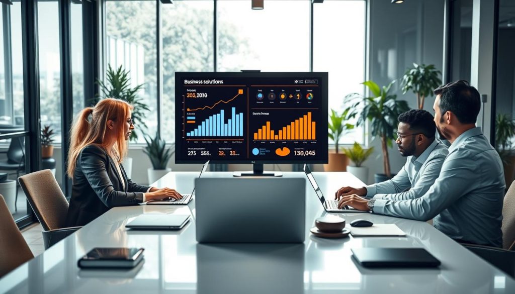 A professional office setting filled with technology and innovation. In the foreground, a diverse group of three professionals, including a woman and two men, dressed in smart business attire, engage in a discussion around a sleek conference table, laptops and digital devices in front of them. The middle of the image features a large screen displaying charts and data related to business solutions and technology trends. The background showcases modern office elements, such as glass walls, plants, and high-tech gadgets. The lighting is bright and focused, coming from large windows, creating a vibrant and productive atmosphere. The overall mood is collaborative and forward-thinking, ideal for conveying the concept of choosing a salary portage company in the tech industry. A professional office setting filled with technology and innovation. In the foreground, a diverse group of three professionals, including a woman and two men, dressed in smart business attire, engage in a discussion around a sleek conference table, laptops and digital devices in front of them. The middle of the image features a large screen displaying charts and data related to business solutions and technology trends. The background showcases modern office elements, such as glass walls, plants, and high-tech gadgets. The lighting is bright and focused, coming from large windows, creating a vibrant and productive atmosphere. The overall mood is collaborative and forward-thinking, ideal for conveying the concept of choosing a salary portage company in the tech industry.